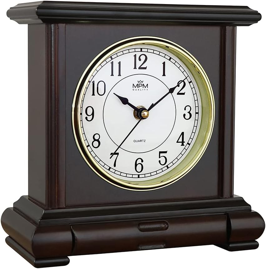 MPM Quality Retro Dark Wood Tischuhr, Dunkelbraun, Traditionelle und Elegante Holztischuhr, Arabisch