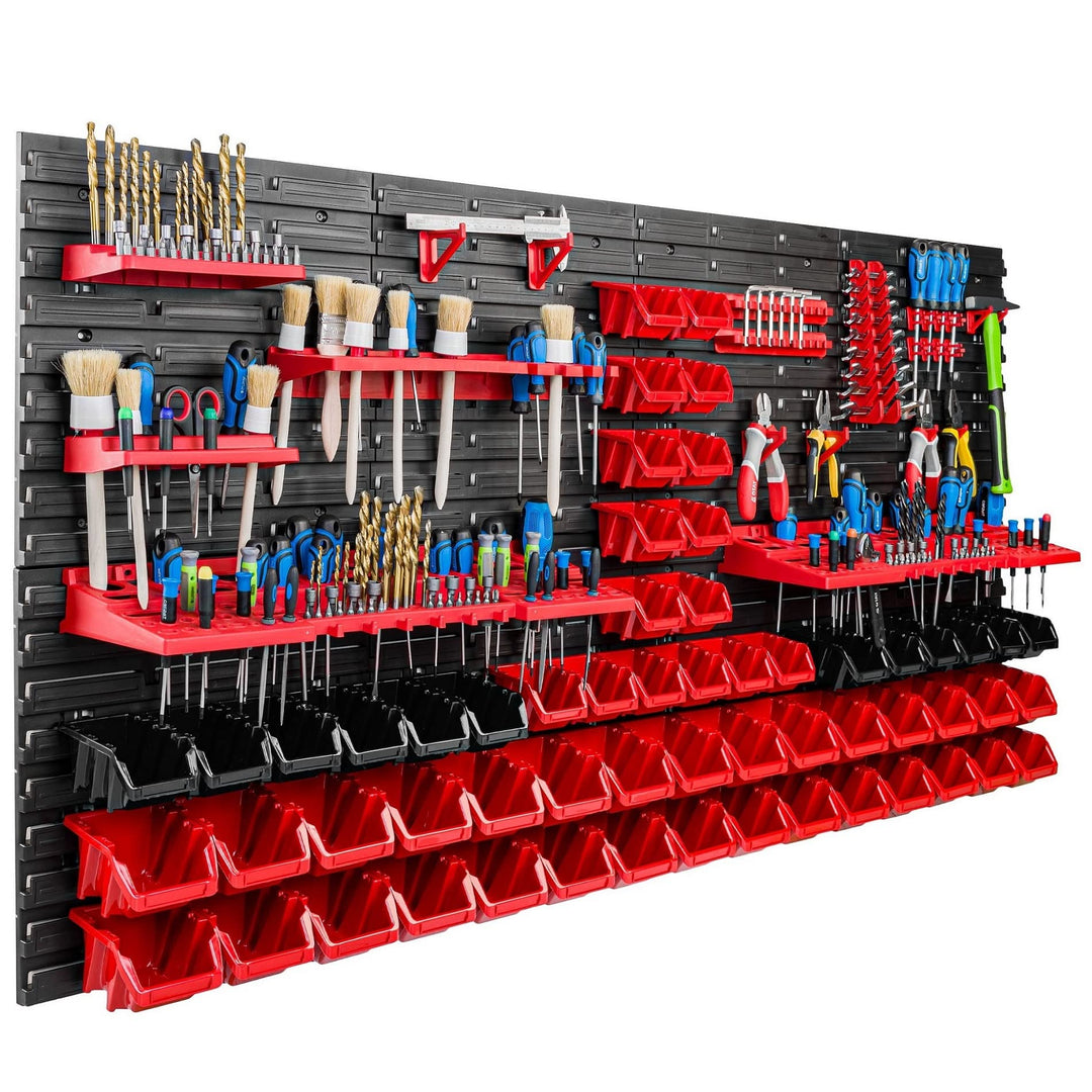 Lagersystem Werkstattregal | 156 x 78 cm | 58 stck. Box | Wandregal mit Werkzeughalterungen und Stap