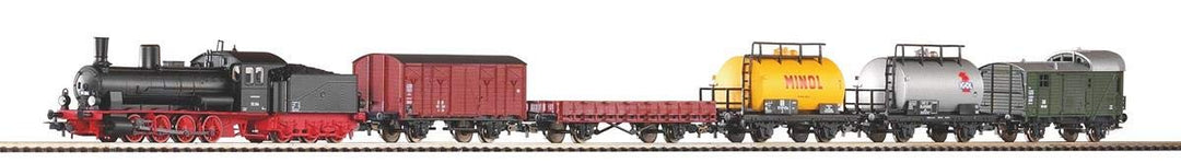 Piko-57123-Start-Set Güterzug Dampflok G7 + 5 Wg. Bettung, Schwarz