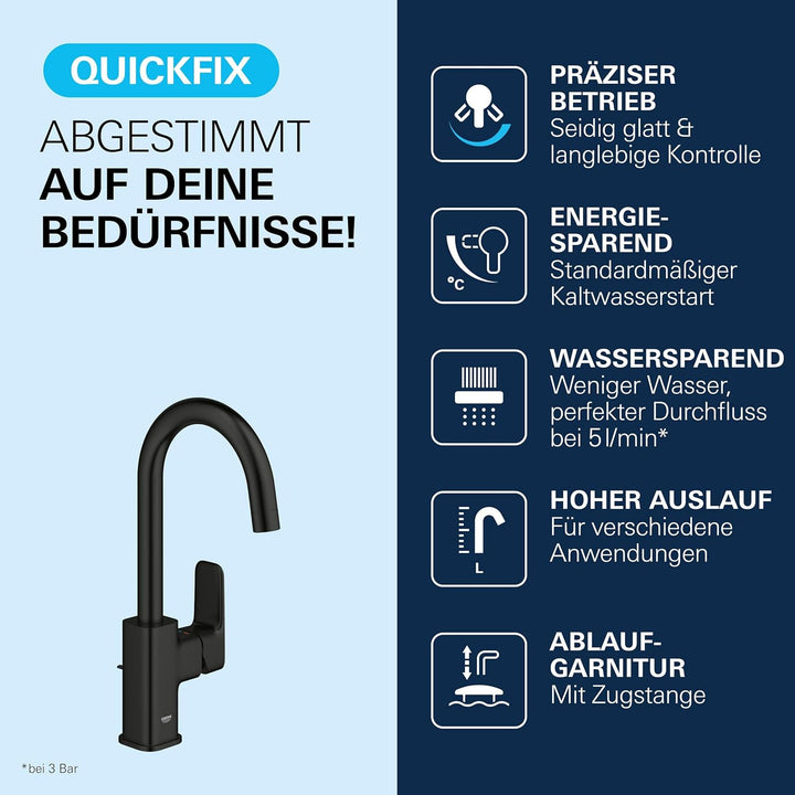 GROHE Dice, Waschtischarmatur hoch, wassersparend (Wasserhahn für das Bad, Badarmatur mit Zugstangen