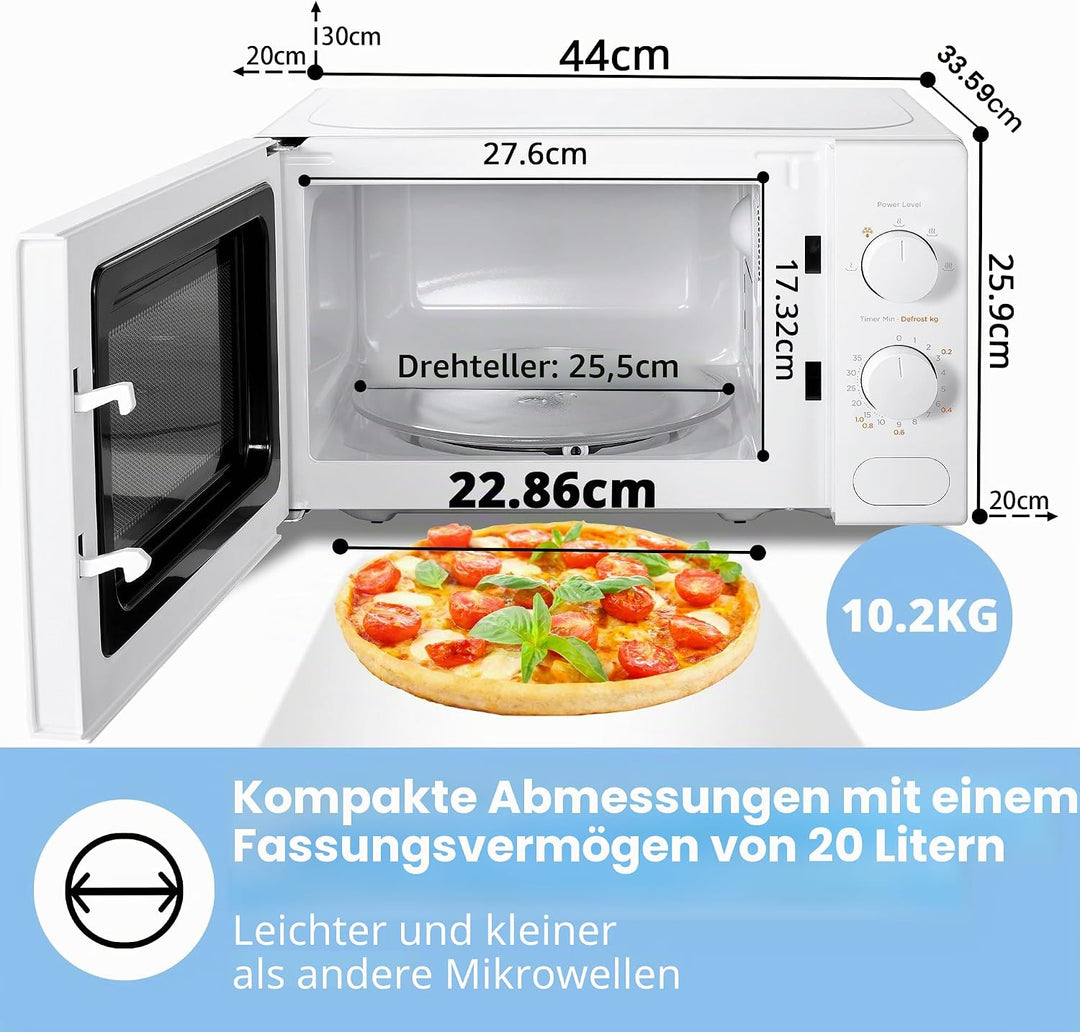 COMFEE' Mikrowelle Weiss, 20 Liter, 700 W, 5 Leistungsstufen, Schnellauftaufunktion, manueller Timer