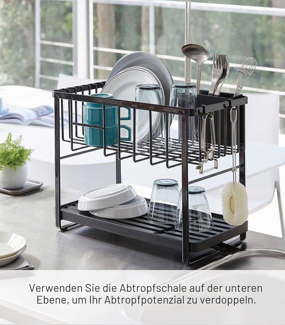 YAMAZAKI Home Turm-Abtropfgestell mit Zwei Ebenen, verstellbar, kompaktes Abtropfgestell mit Haken,