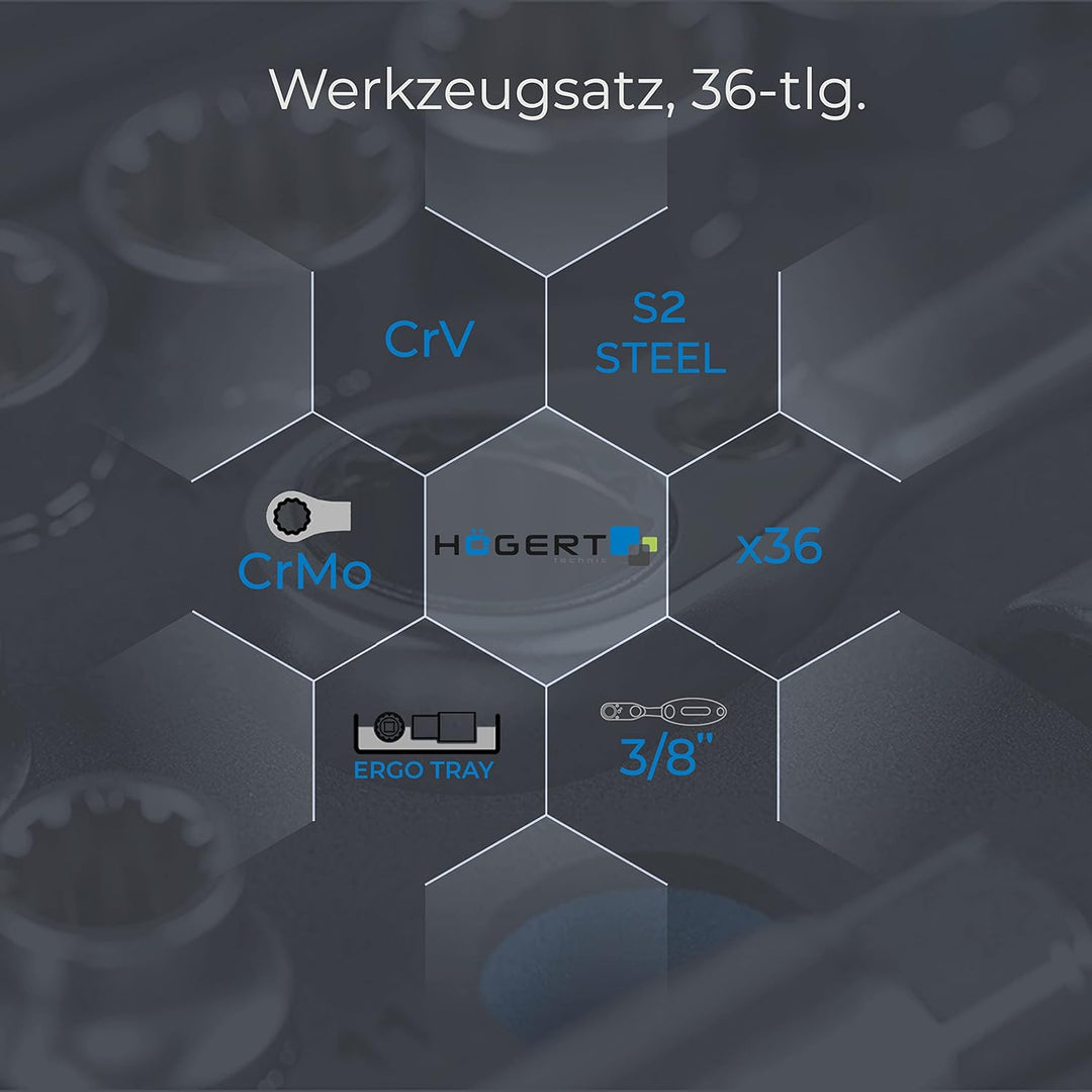 Högert HT1R465 Werkzeugsatz, schwarz/Blau, 3/8” 36 teilig, 36 teilig