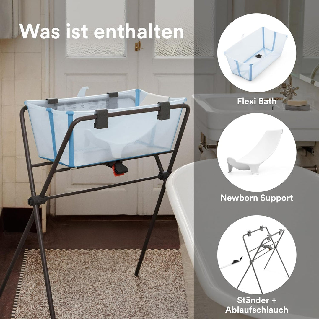 Stokke Flexi Bath (Ocean Blue) + Newborn Support + Flexi Bath Stand - Ideal für Neugeborene & Kinder