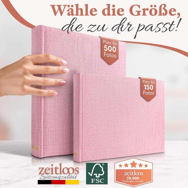 Fotoalbum zum Einkleben - Platz für 150 Fotos - echtes Leinen - Fotobuch 21 x 28 cm in Rosa - 50 wei