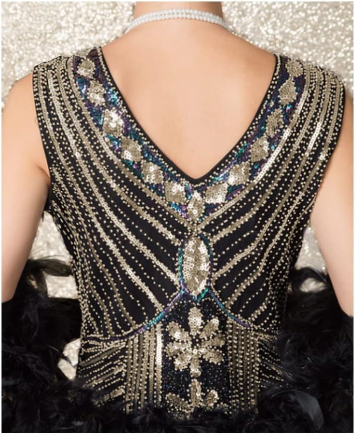 MIMIKRY 20er Jahre Charleston Pailletten Kleid Schwarz/Gold/Multicolor mit Fransen Flapper Damen-Kos
