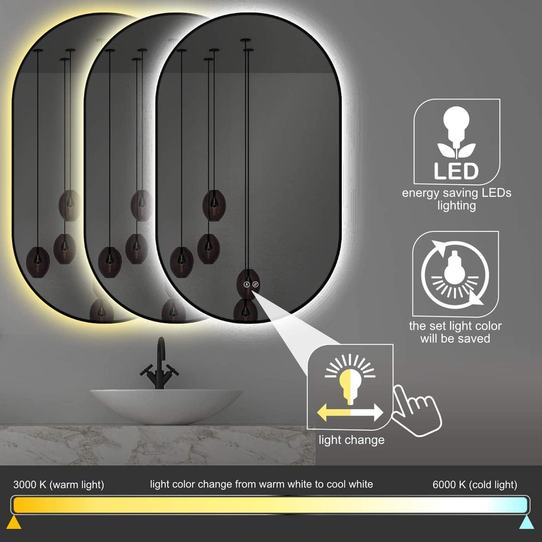 Apjeoy LED Badspiegel Oval 45 x 75 cm Wandspiegel Antibeschlage matt schwarz Metallrahmen Beleuchtun
