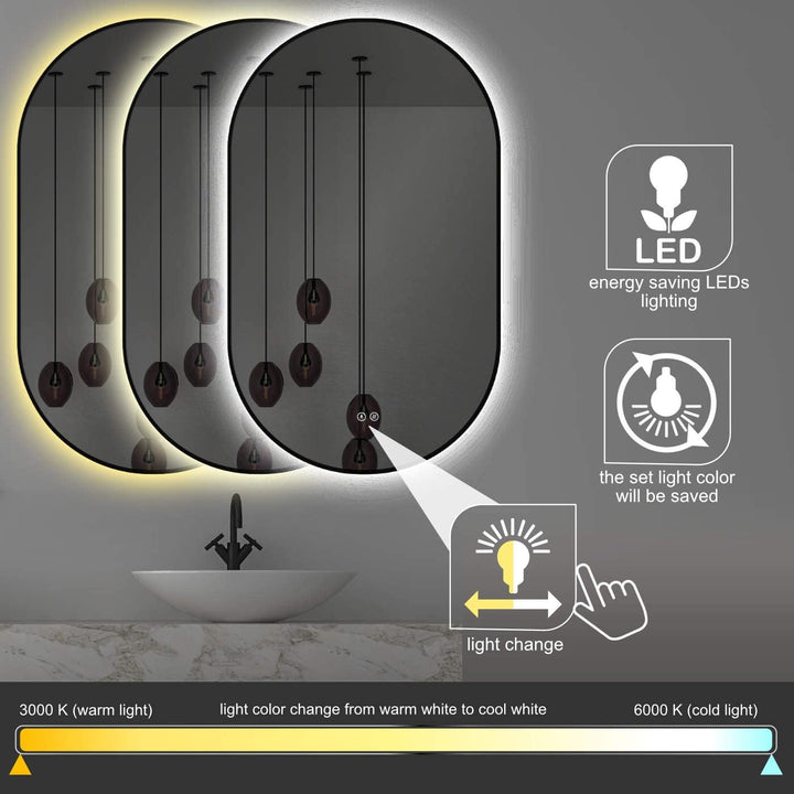 Apjeoy LED Badspiegel Oval 45 x 75 cm Wandspiegel Antibeschlage matt schwarz Metallrahmen Beleuchtun