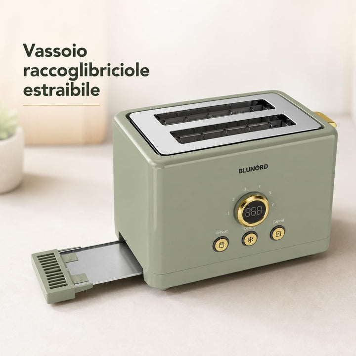 Toaster mit 2 Scheiben, digital, grün, 750 – 850 W, LED-Display, 6 Bräunungsstufen, Auftau- und Aufw