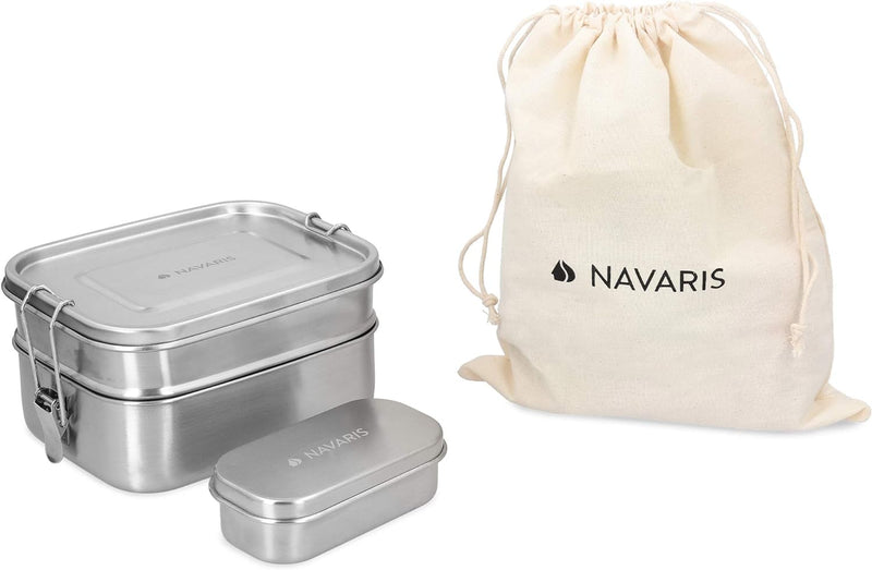 Navaris Brotdosen Set 3-teilig - Doppeldecker Lunch Box aus Edelstahl inkl. Mini Behälter - Doppel B