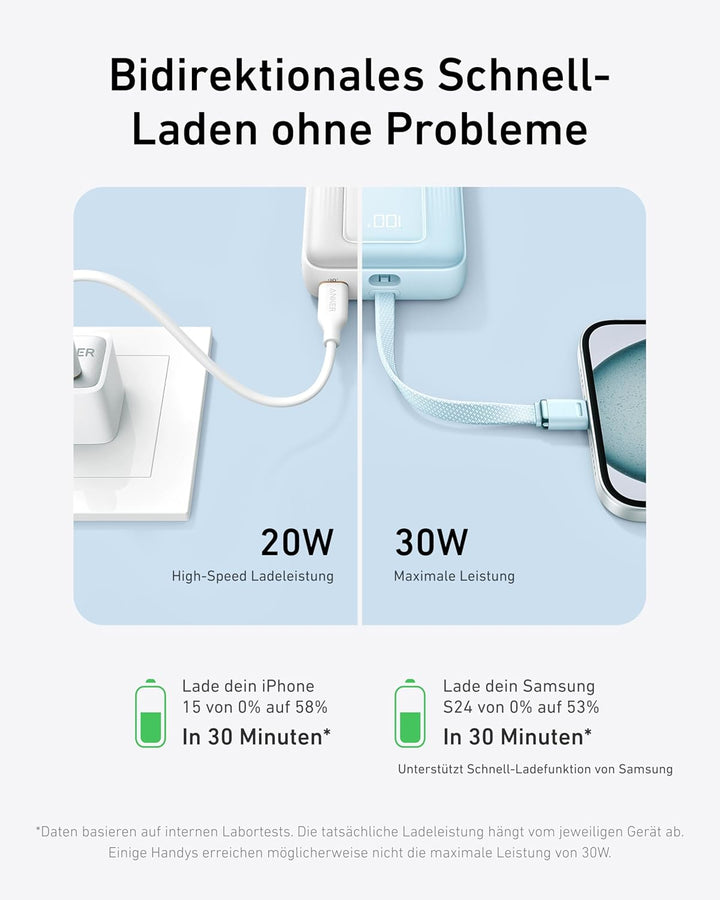 Anker portables Ladegerät, 10.000mAh 30W Powerbank, USB-C In und Out, Akkupack, Powerbank für Reisen