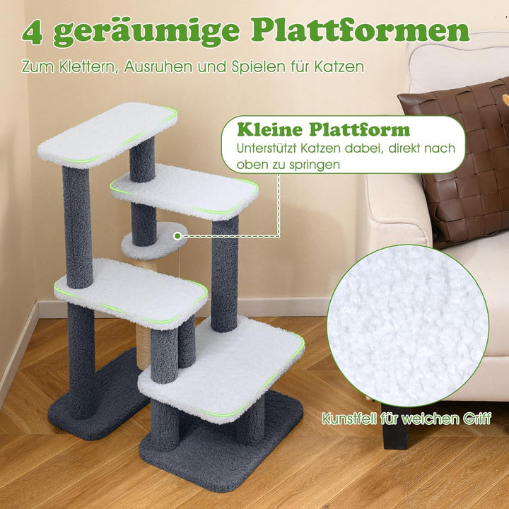 GYMAX 5 Stufen Katzentreppe, stabile Tiertreppe mit Sisal-Kratzstamm, Spielball & Plüschsitzfläche,