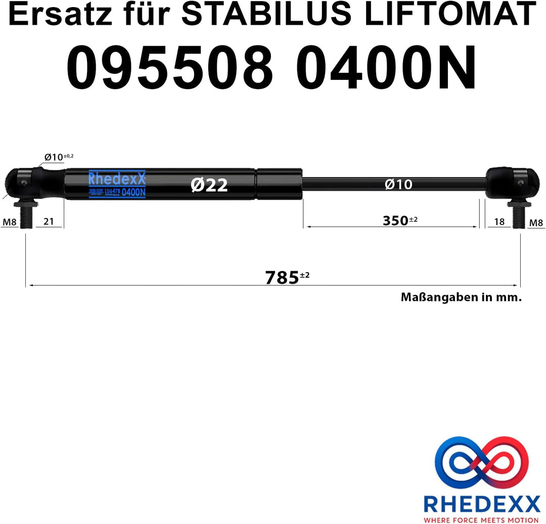 Gasdruckfeder Ersatz für Stabilus Lift-O-Mat 095508 0400N RhedexX® Gasdruckdämpfer mit M8 Winkelgele