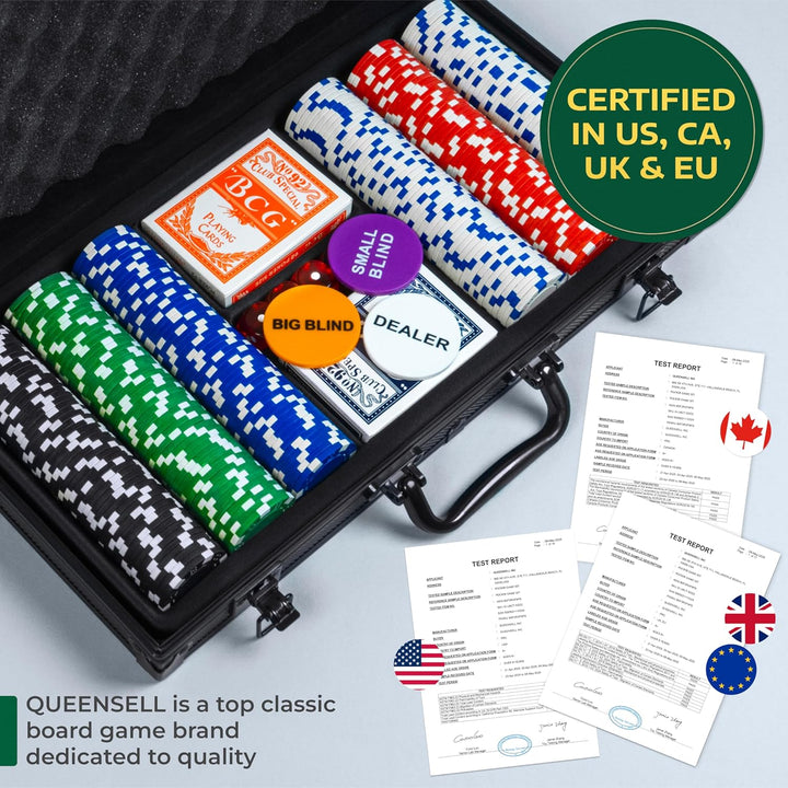 Queensell Pokerkoffer mit 300 Poker Chips für Texas Holdem – Profi Poker Set mit Aluminium Koffer, P