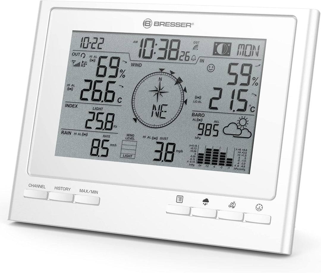 Bresser Wetterstation Funk mit Aussensensor 7-in-1 Wetter-Center ClimateScout mit Profi-Aussensensor