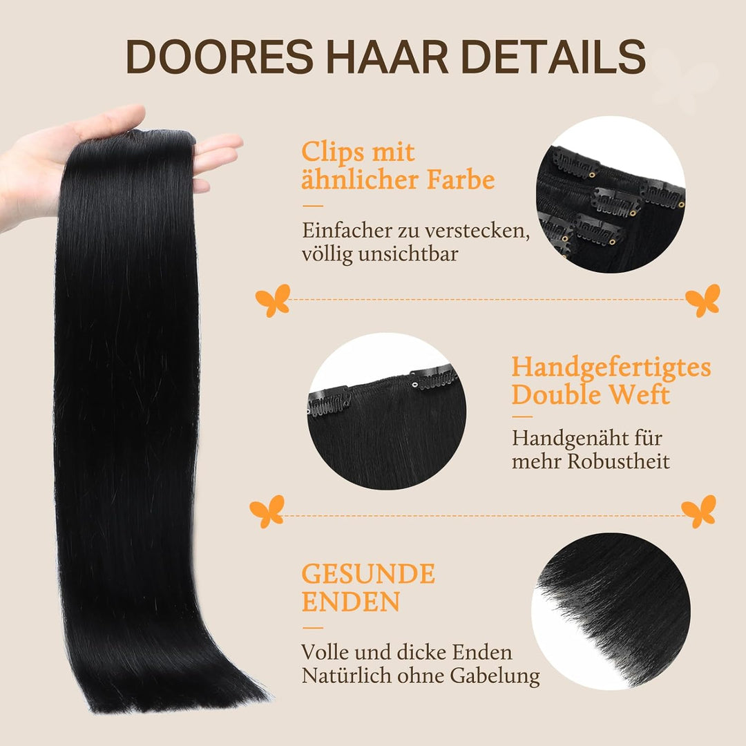 DOORES Clip in Extensions Echthaar, Tief Schwarz 30cm 12 Zoll 7 Stück 80g Echthaar Extensions Clip G