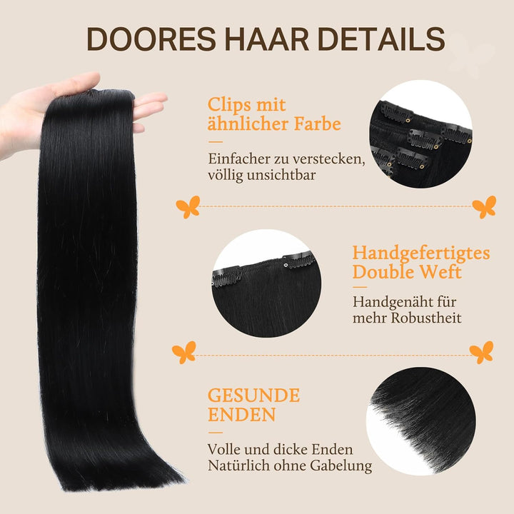 DOORES Clip in Extensions Echthaar, Tief Schwarz 30cm 12 Zoll 7 Stück 80g Echthaar Extensions Clip G