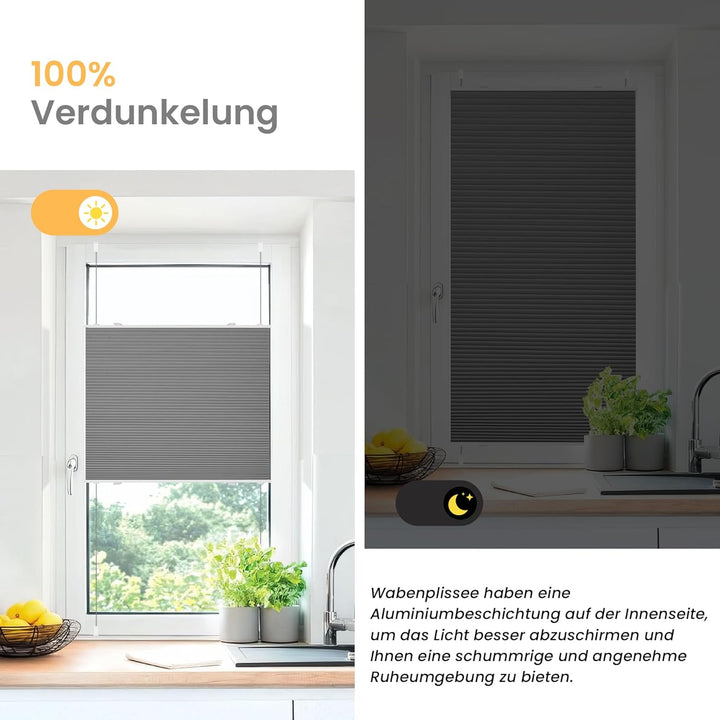 BelleMax Wabenplissee ohne Bohren verdunkelung Thermo plissee klemmfix, Grau-weiss 40x80cm 100% Blic