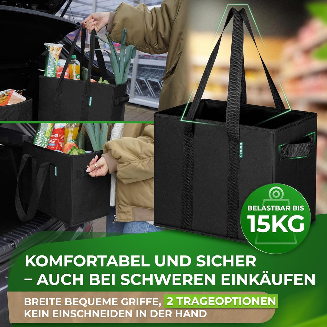 COTTARA® grosse Einkaufstasche faltbar 2er Pack & Obstnetz – stabiler grosser Einkaufskorb faltbar m