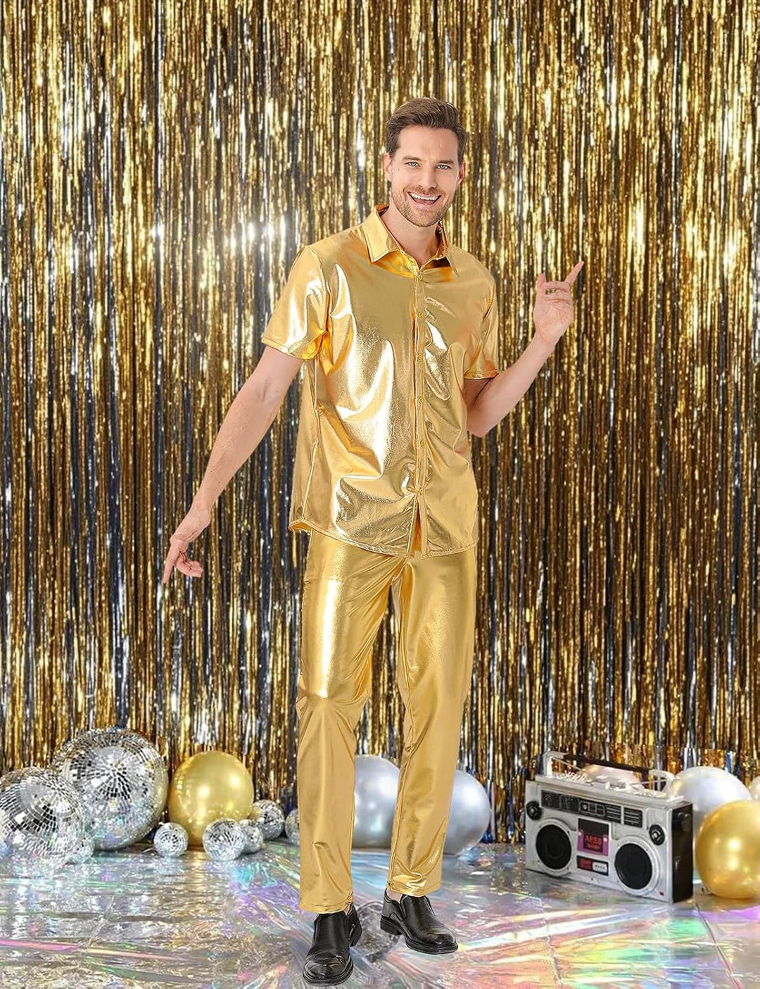 COSAVOROCK Herren 70er Jahre Disco Hose Metallic Glänzend Hosen 30W Gold, 30W Gold