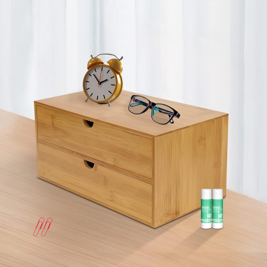 Schreibtisch Organizer Bambus | 2 Schubladen Aufbewahrungsbox | Natur Holzoptik | Tischablage für Bü