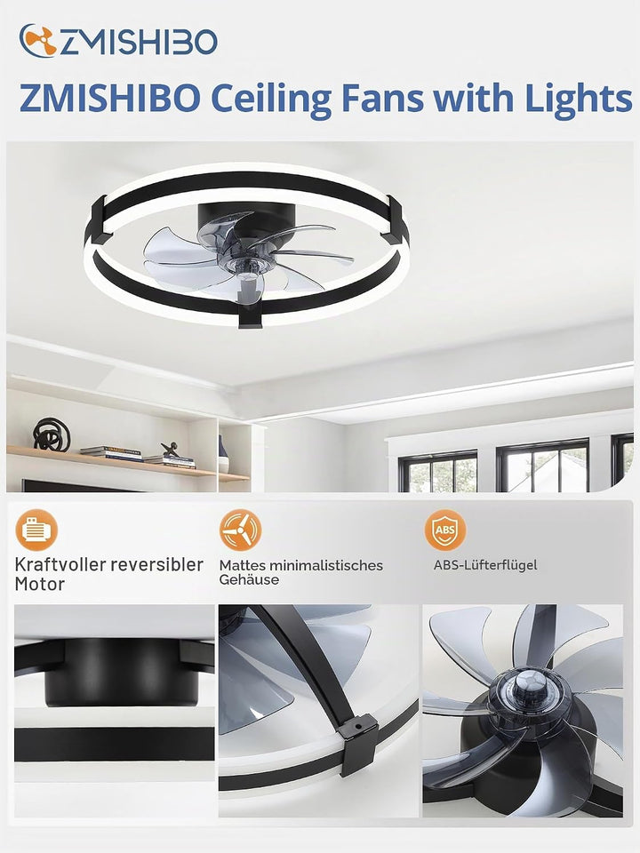 ZMISHIBO Deckenventilator mit Licht 51 cm Schwarz,Deckenventilator mit Beleuchtung,leise DC Motor,6