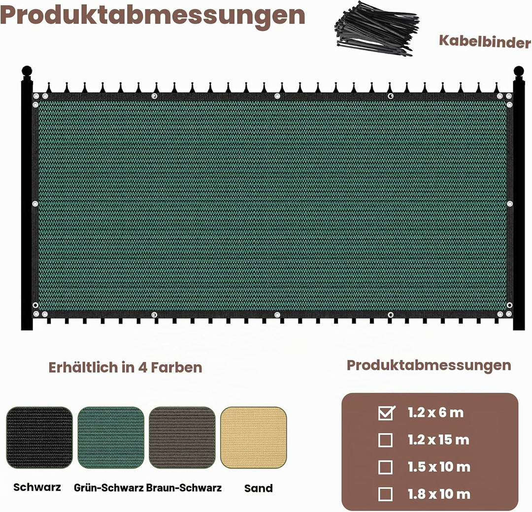 Zaunblende Sichtschutz Grün-Schwarz,1.2x6m, Sichtschutzzaun 90% HDPE-Schattennetz für den Aussenbere
