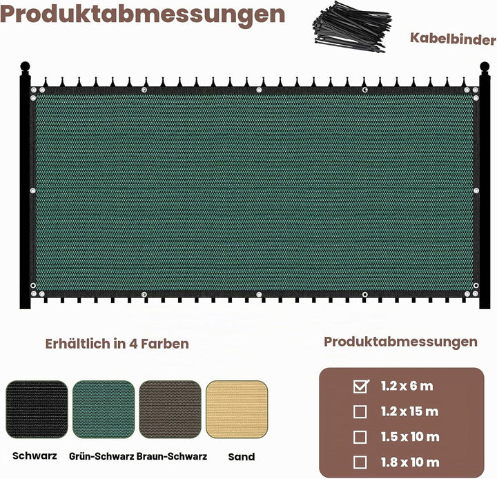 Zaunblende Sichtschutz Grün-Schwarz,1.2x6m, Sichtschutzzaun 90% HDPE-Schattennetz für den Aussenbere