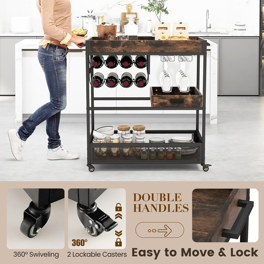 KOMFOTTEU Industrieller Küchenwagen mit herausnehmbarem Tablett, Servierwagen 3 Ebenen mit Weinregal