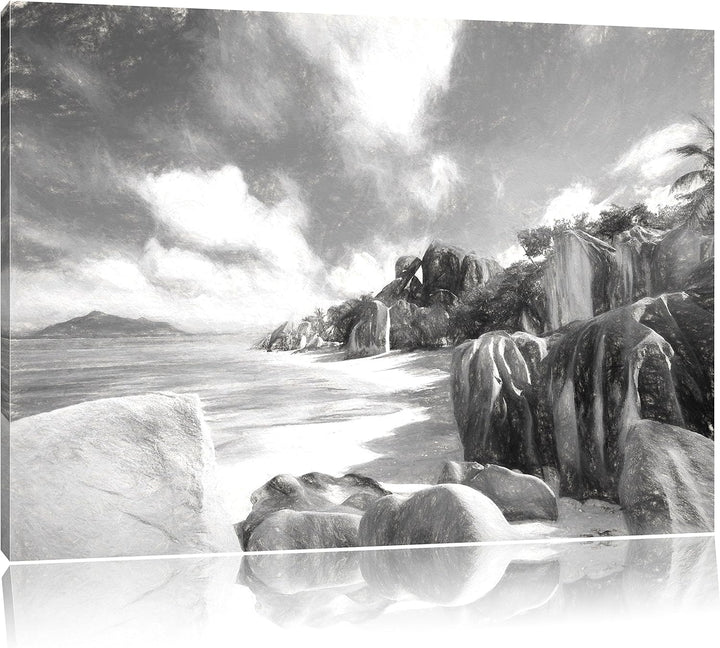 Pixxprint Seychellen Strand Kunst / 100x70cm Leinwandbild bespannt auf Holzrahmen/Wandbild Kunstdruc