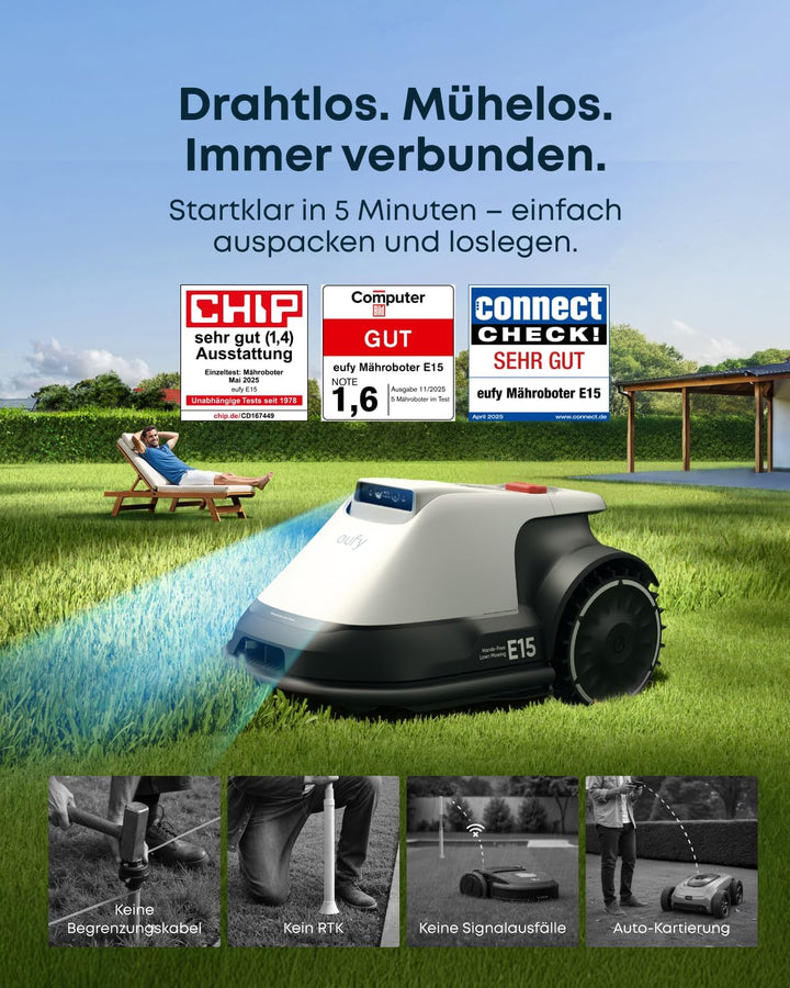 eufy E15 Mähroboter ohne Begrenzungskabel, Keine Signalausfälle, Kein RTK, TrueVision Technologie, S