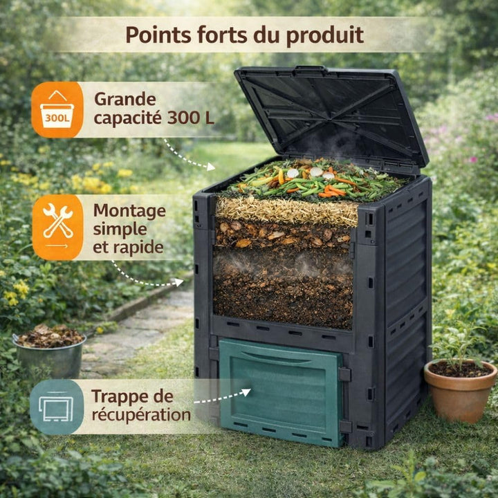 TERRE JARDIN - Gartenkomposter, 300 L - Kompostbehälter, 83 x 61 x 61 cm, aus Polypropylen - Premium
