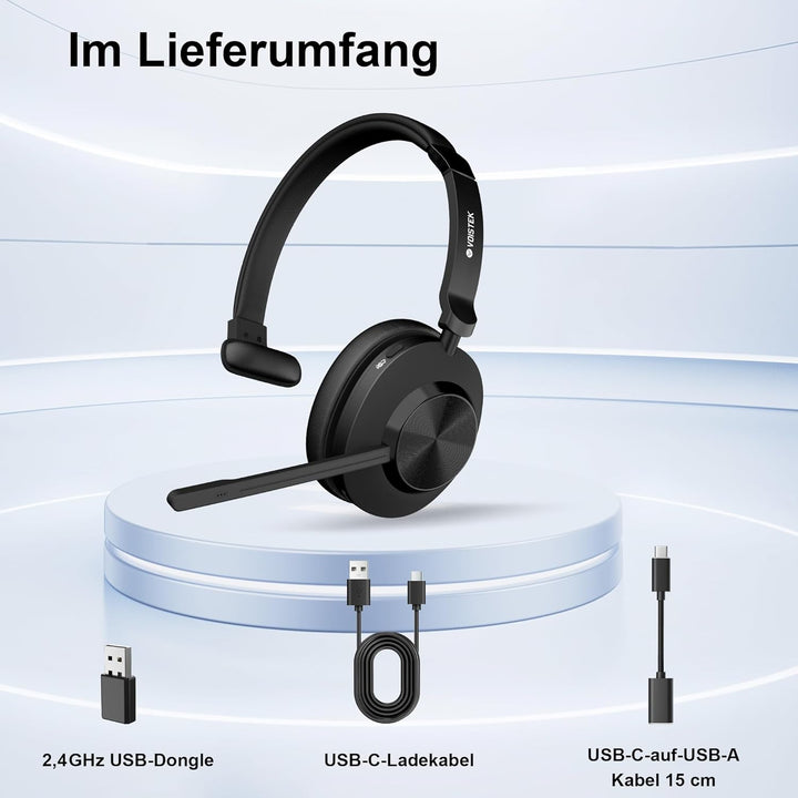 Voistek Kabelloses Bluetooth Headset mit Mikrofon & Rauschunterdrückung, USB Dongle für PC, Ladestat
