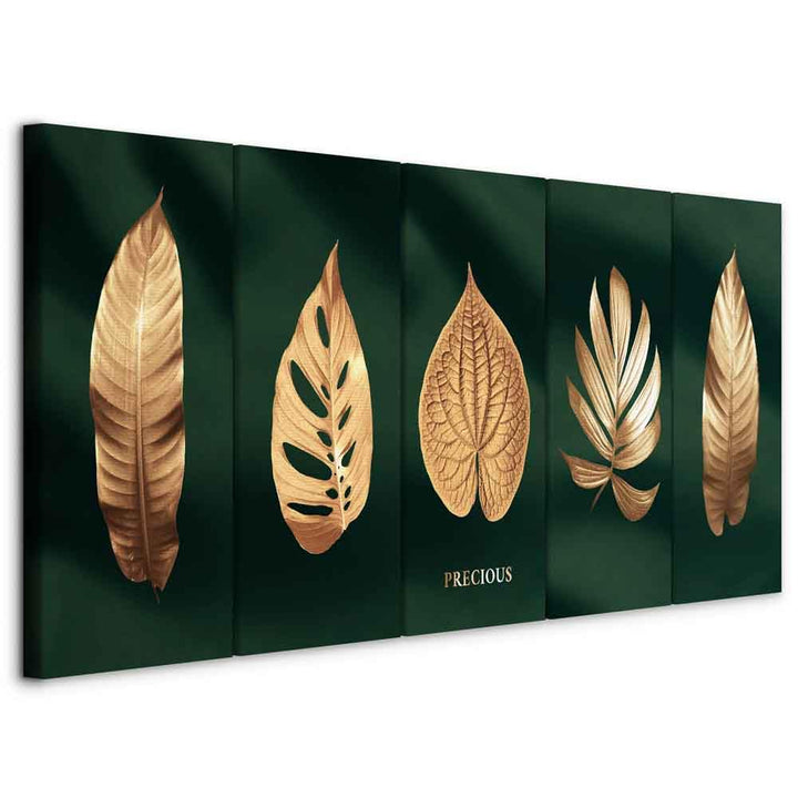murando - Bilder goldene Blätter 150x60 cm Vlies Leinwandbild 5 Teilig Kunstdruck modern Wandbilder