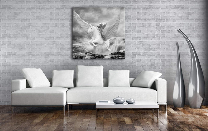 Frau auf dem edlen Pegasus Format: 60x60 Effekt: Schwarz&Weiss als Leinwandbild, Motiv fertig gerahm
