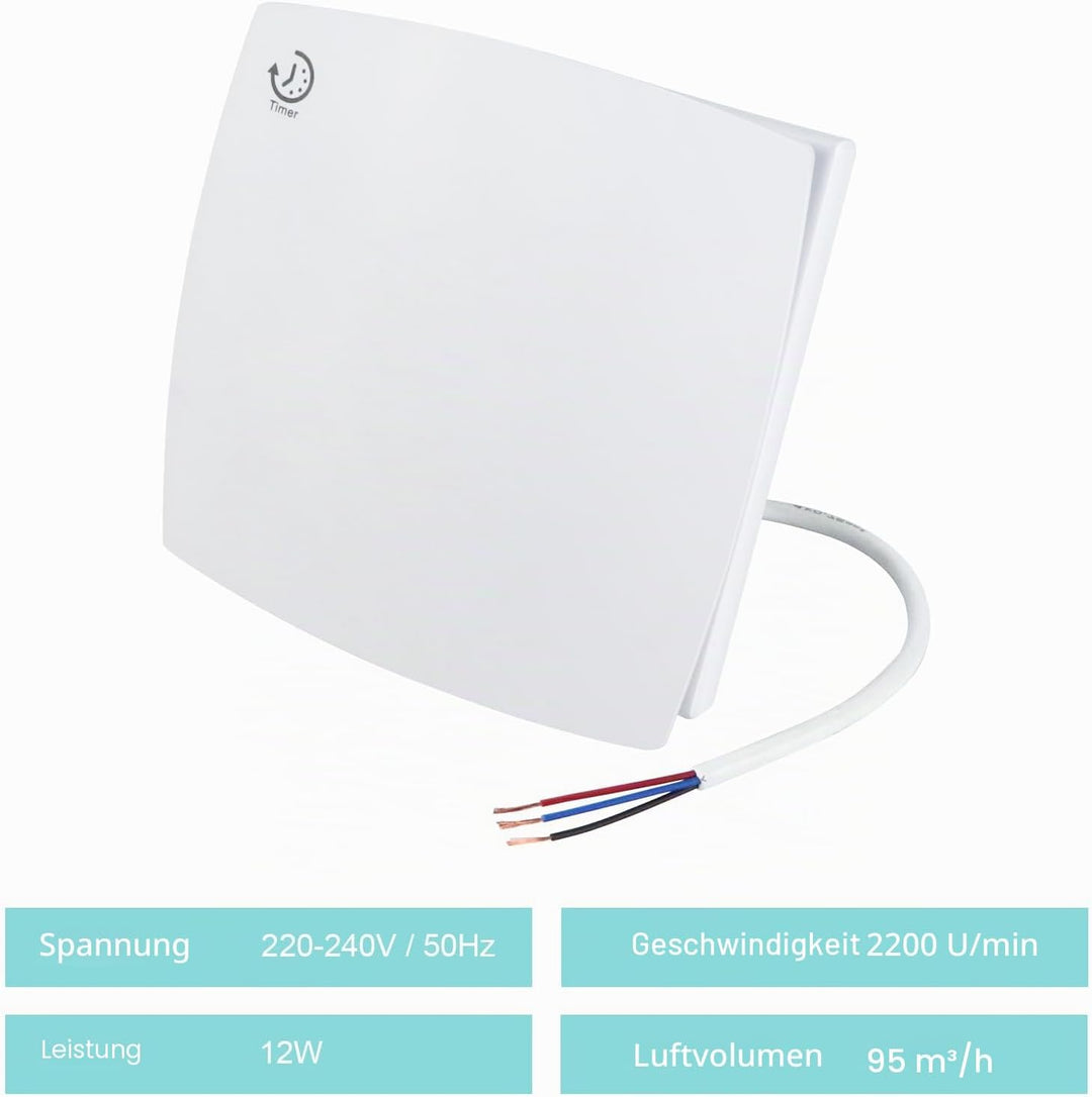 Anesty Badlüfter 100mm mit Nachlauf, 95m³/h 12W Abluftventilator Leiser Wandventilator WandLüfter mi