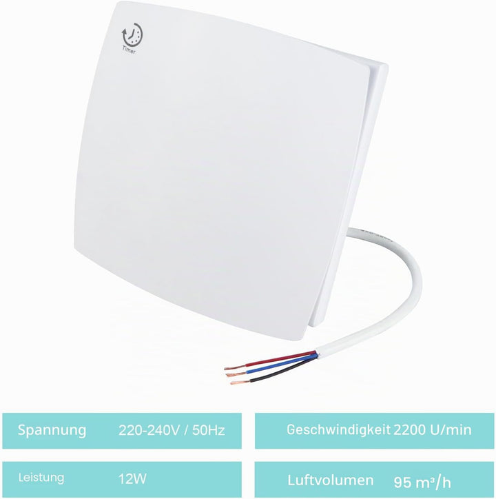 Anesty Badlüfter 100mm mit Nachlauf, 95m³/h 12W Abluftventilator Leiser Wandventilator WandLüfter mi