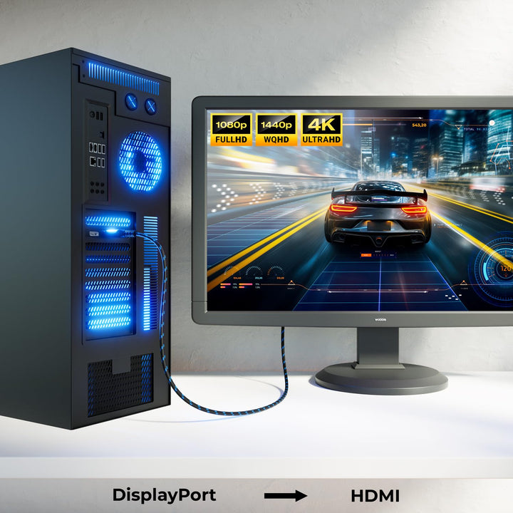 deleyCON 3,0m 4K DisplayPort auf HDMI Kabel (Für HDMI Monitor, TV, Beamer) - 4K@60Hz - Aluminium-Ste