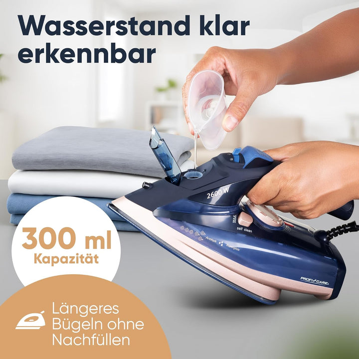 ProfiCare® Bügeleisen 2600 Watt | Dampfbügeleisen mit Keramik-Sohle | 7 Funktionen | 300ml Wassertan
