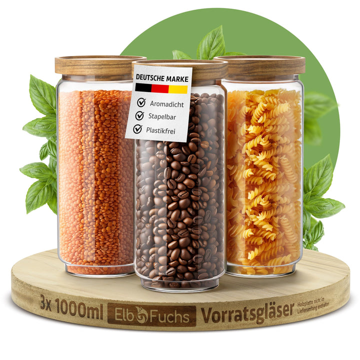 ElbFuchs® Vorratsgläser mit Deckel luftdicht | 3x 1000ml [BPA-FREI & MOTTENSICHER] Vorratsdosen aus
