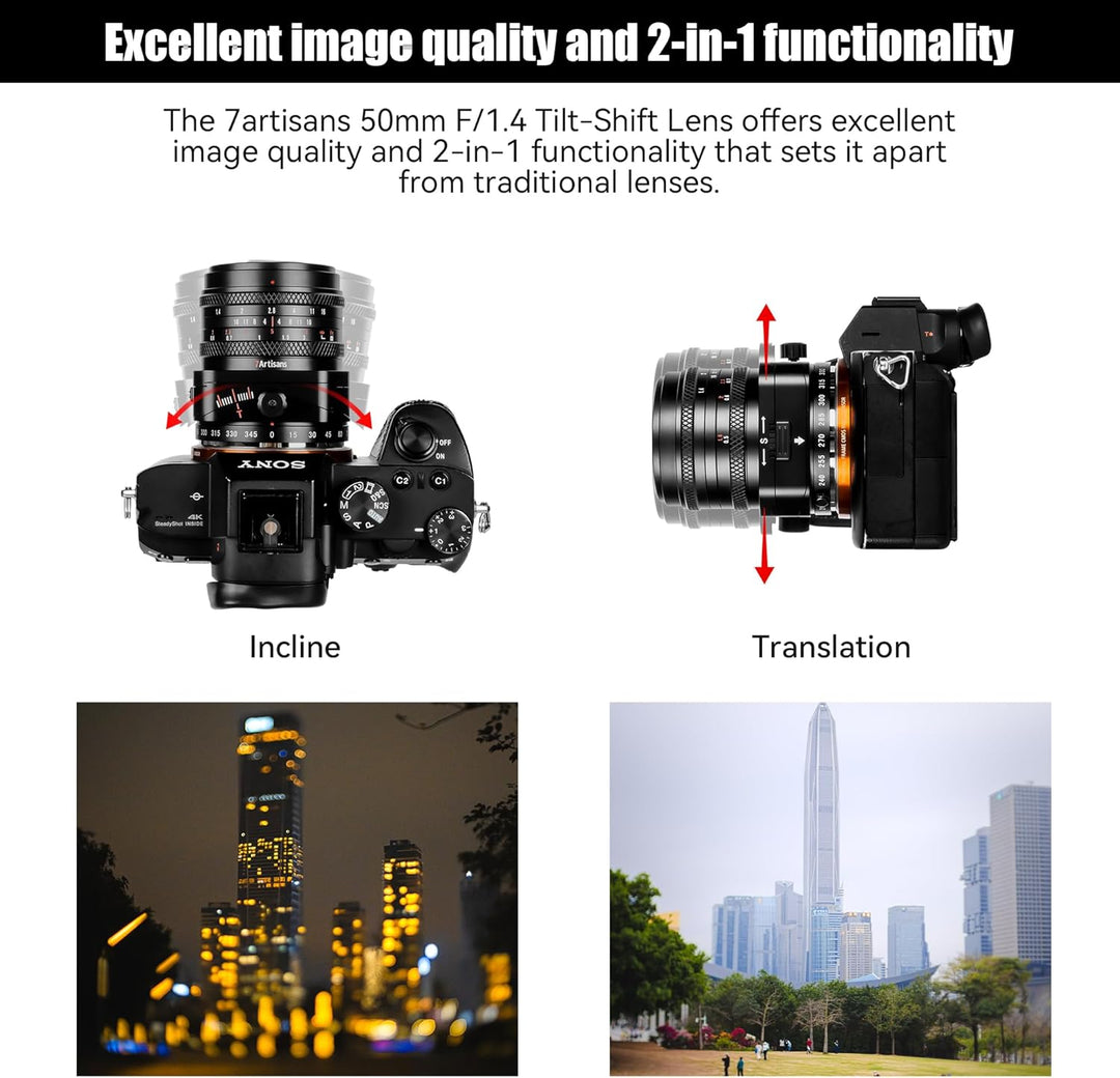 7artisans 50mm F1,4 Vollformat-Tilt-Shift-Objektiv mit 2-in-1-Kompatibilität für Spiegellose Sony E-