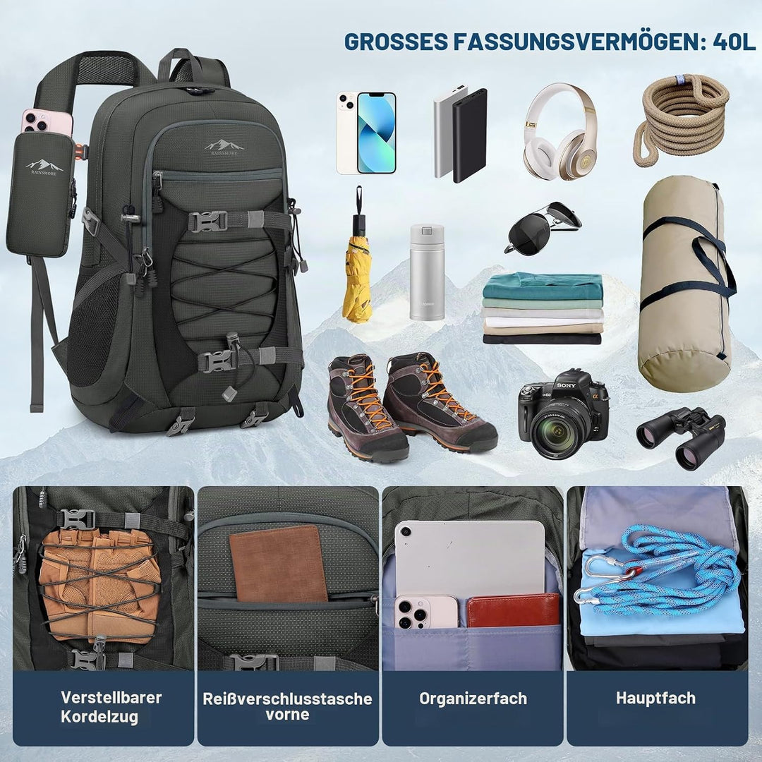 RAINSMORE Wanderrucksack Herren Damen 40L Rucksack Wasserdicht Gross Reiserucksack Leicht Faltbarer