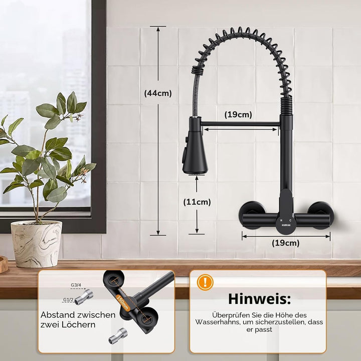 HURRAN Wasserhahn Wandmontage, Küchenarmatur mit 3 Auslaufarten, 360° Schwenkbarer Wasserhahn Küche