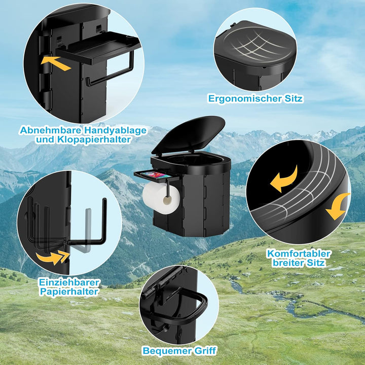 WADEO Tragbare Campingtoilette mit Deckel, 30 cm hohe Mobile Toilette mit 12 Stück Toilettenbeutel,