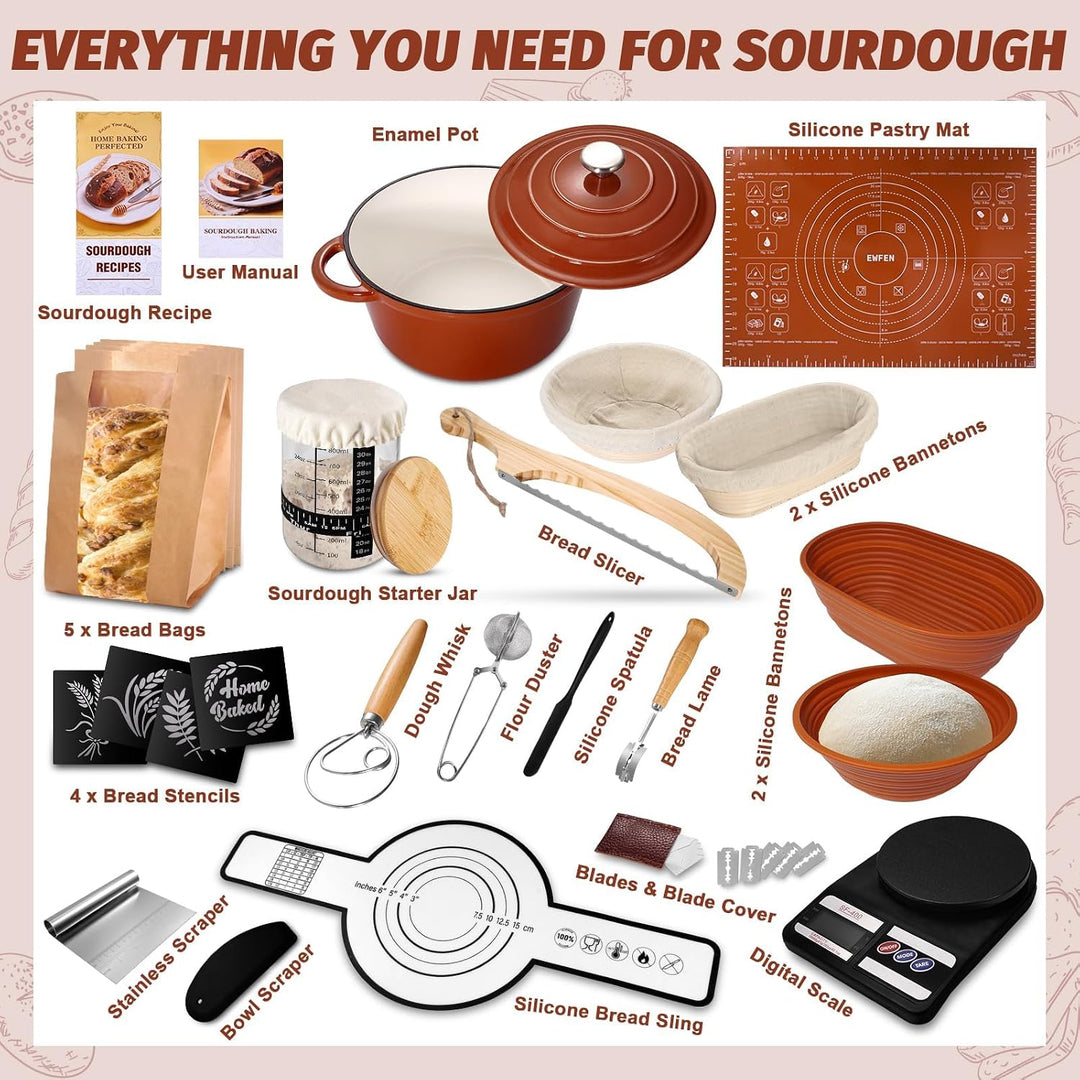 Sauerteig Starter Set mit 26cm Emaille Gusseisen Topf, Rund & Oval Gärkörbchen mit 900ml Sauerteig G