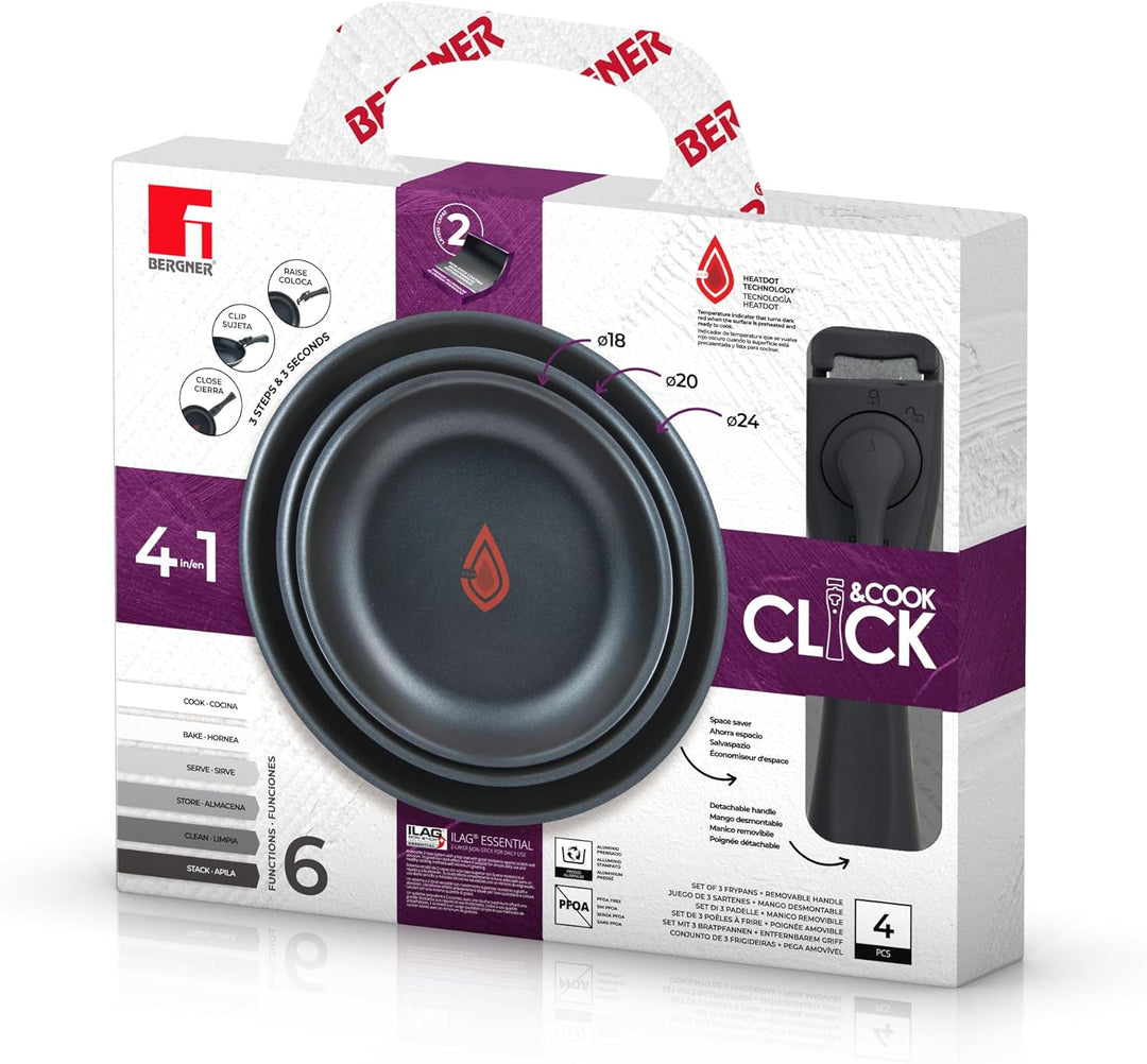 BERGNER- Set 4 (18+20+24CM) Stück Alu-Presspfannen mit abnehmbarem Griff und Wärmepunkt ILAG Essenti