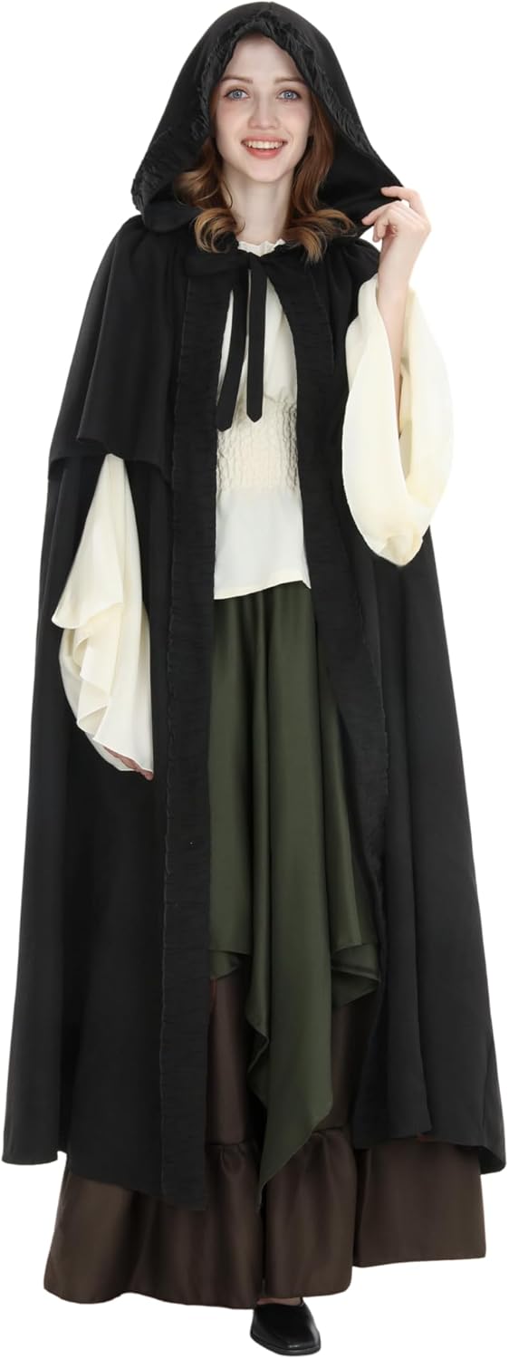 Mittelalter Umhang Damen mit Kapuze – Halloween Cape Vampir Kostüm Hexe Frauen Umhang Schwarz Vampir