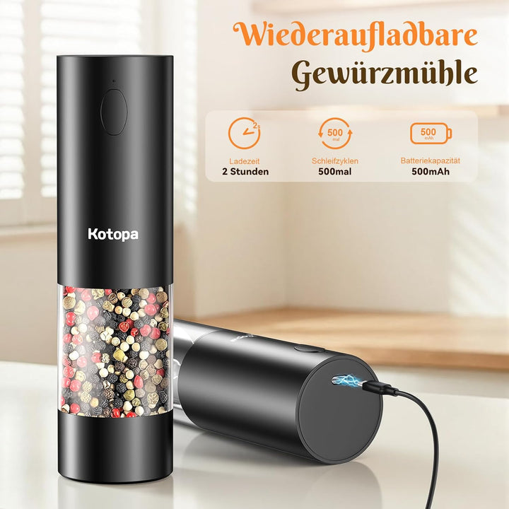 Salz und Pfeffermühle Elektrisch, Wiederaufladbare Pfeffermühle mit 5 Stufen einstellbarem Keramik M