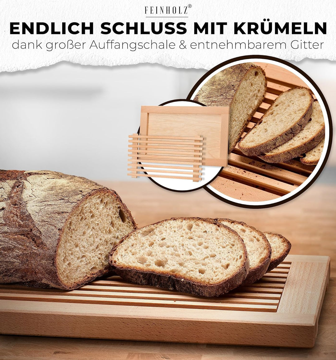 FEINHOLZ Brotschneidebrett mit Krümelrost aus Holz • 40cm x 25cm • Buchenholz geölt • Schneidebrett