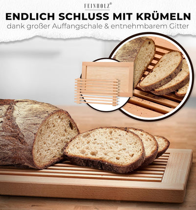 FEINHOLZ Brotschneidebrett mit Krümelrost aus Holz • 40cm x 25cm • Buchenholz geölt • Schneidebrett
